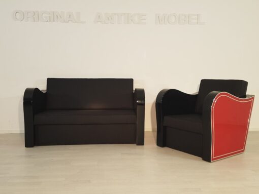 Art Deco, furniture, interior design, living room, leather, sofa, armchair, chrome liner, handmade, red, black, lacquer, high gloss, finish