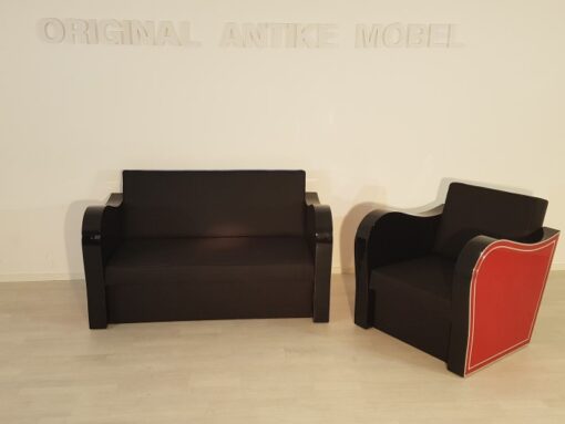 Art Deco, furniture, interior design, living room, leather, sofa, armchair, chrome liner, handmade, red, black, lacquer, high gloss, finish