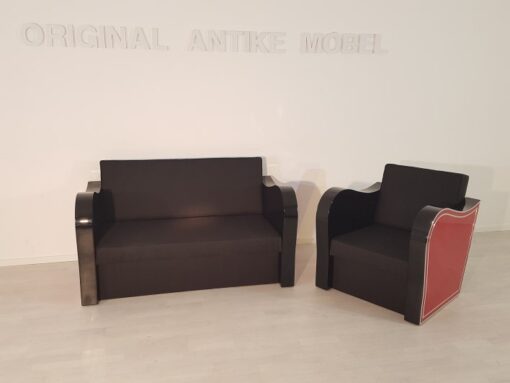 Art Deco, furniture, interior design, living room, leather, sofa, armchair, chrome liner, handmade, red, black, lacquer, high gloss, finish