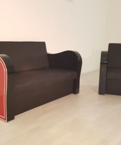 Art Deco, furniture, interior design, living room, leather, sofa, armchair, chrome liner, handmade, red, black, lacquer, high gloss, finish