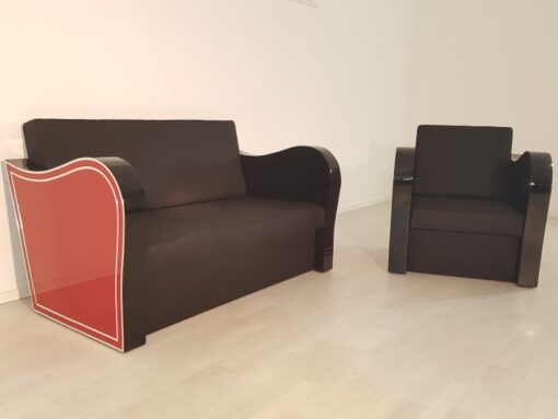 Art Deco, furniture, interior design, living room, leather, sofa, armchair, chrome liner, handmade, red, black, lacquer, high gloss, finish