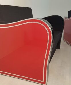 Art Deco, furniture, interior design, living room, leather, sofa, armchair, chrome liner, handmade, red, black, lacquer, high gloss, finish