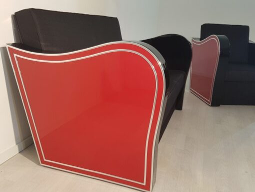 Art Deco, furniture, interior design, living room, leather, sofa, armchair, chrome liner, handmade, red, black, lacquer, high gloss, finish