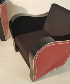 Art Deco, furniture, interior design, living room, leather, sofa, armchair, chrome liner, handmade, red, black, lacquer, high gloss, finish