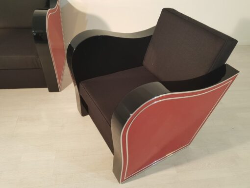 Art Deco, furniture, interior design, living room, leather, sofa, armchair, chrome liner, handmade, red, black, lacquer, high gloss, finish