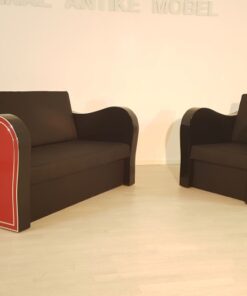 Art Deco, furniture, interior design, living room, leather, sofa, armchair, chrome liner, handmade, red, black, lacquer, high gloss, finish