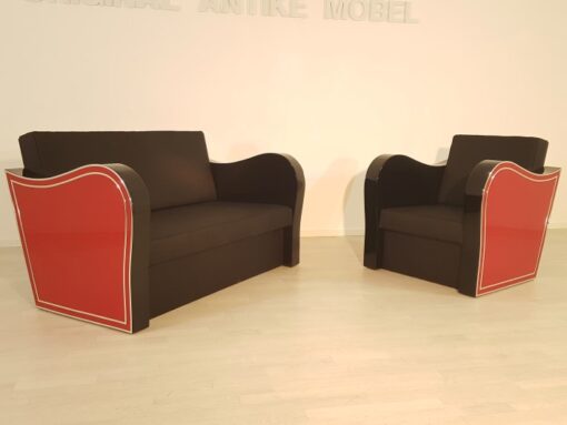 Art Deco, furniture, interior design, living room, leather, sofa, armchair, chrome liner, handmade, red, black, lacquer, high gloss, finish