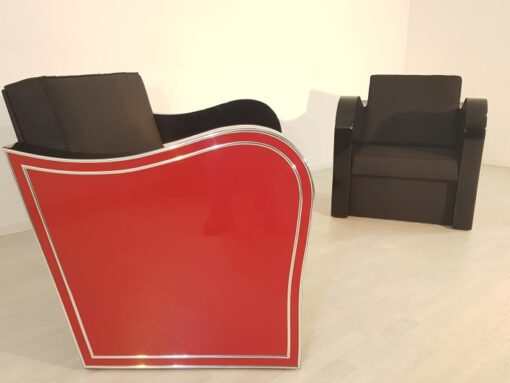 Art Deco, furniture, interior design, living room, leather, sofa, armchair, chrome liner, handmade, red, black, lacquer, high gloss, finish