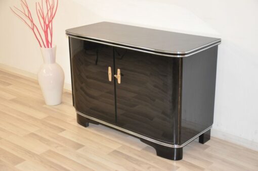 black, high gloss, commode, art deco, great foot, living room, chrome handles, lacquer, luxury, veneer, chrome lines, piano lacquer