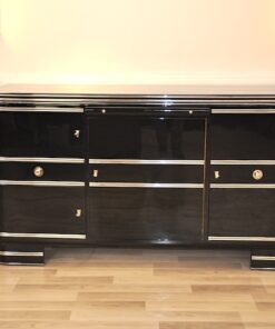 black, high gloss, sideboard, buffet, art deco, great foot, living room, chrome handles, lacquer, luxury, veneer, chrome lines, piano lacquer