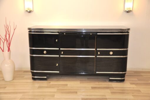 black, high gloss, sideboard, buffet, art deco, great foot, living room, chrome handles, lacquer, luxury, veneer, chrome lines, piano lacquer