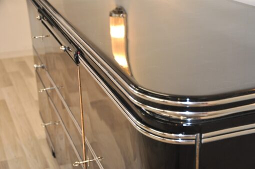 black, high gloss, sideboard, buffet, art deco, great foot, living room, chrome handles, lacquer, luxury, veneer, chrome lines, piano lacquer