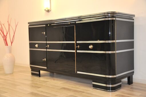 black, high gloss, sideboard, buffet, art deco, great foot, living room, chrome handles, lacquer, luxury, veneer, chrome lines, piano lacquer