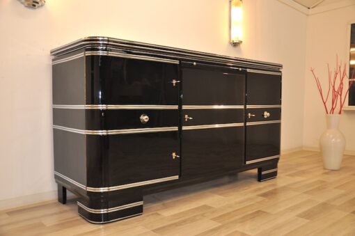 black, high gloss, sideboard, buffet, art deco, great foot, living room, chrome handles, lacquer, luxury, veneer, chrome lines, piano lacquer