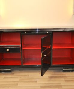 black, high gloss, sideboard, buffet, art deco, great foot, living room, chrome handles, lacquer, luxury, veneer, chrome lines, piano lacquer