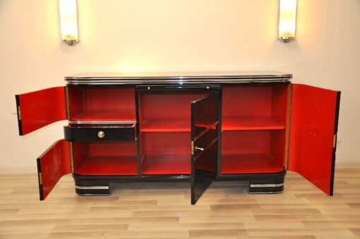 black, high gloss, sideboard, buffet, art deco, great foot, living room, chrome handles, lacquer, luxury, veneer, chrome lines, piano lacquer