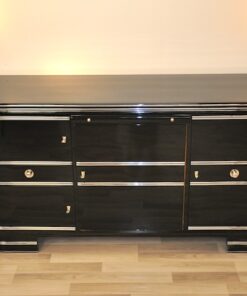 black, high gloss, sideboard, buffet, art deco, great foot, living room, chrome handles, lacquer, luxury, veneer, chrome lines, piano lacquer