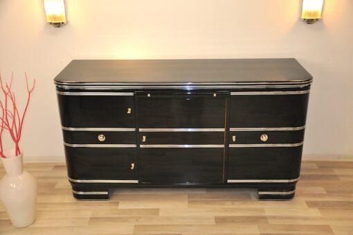 black, high gloss, sideboard, buffet, art deco, great foot, living room, chrome handles, lacquer, luxury, veneer, chrome lines, piano lacquer