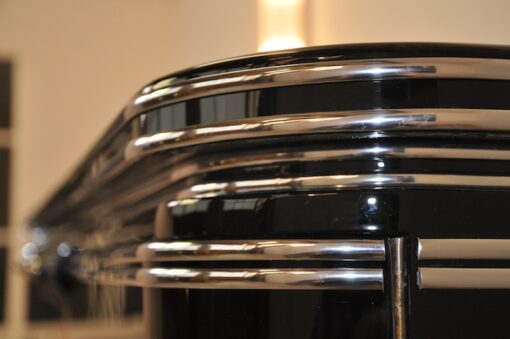 black, high gloss, sideboard, buffet, art deco, great foot, living room, chrome handles, lacquer, luxury, veneer, chrome lines, piano lacquer