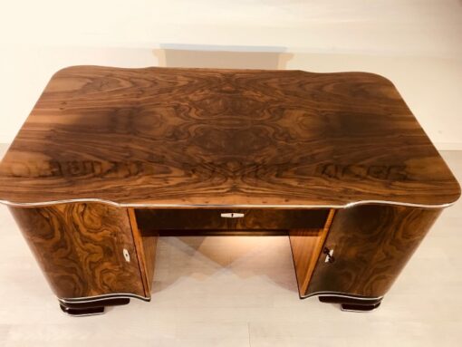 Art Deco, desk, design, curved, walnut, wood, frenc, original, partnerdesk, interior design, vintage, 1930s, living room, office, restoration