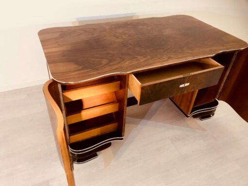 Art Deco, desk, design, curved, walnut, wood, frenc, original, partnerdesk, interior design, vintage, 1930s, living room, office, restoration