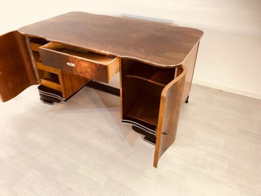 Art Deco, desk, design, curved, walnut, wood, frenc, original, partnerdesk, interior design, vintage, 1930s, living room, office, restoration