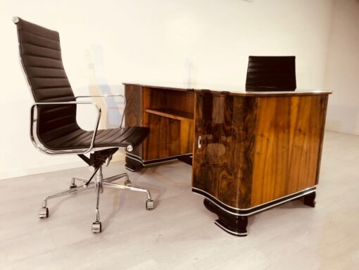 Art Deco, desk, design, curved, walnut, wood, frenc, original, partnerdesk, interior design, vintage, 1930s, living room, office, restoration