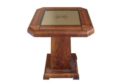 Art Deco, side table, mirrored table top, square walnut foot, unique grain, interiordesign, furnituredesign, eight corners, luxurious