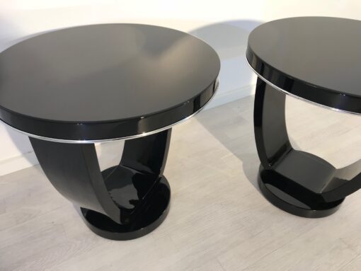 Black Side Tables Art Deco, Pianolacquer, Design, Interiordesign, Home Decoration, Pair, Luxuiorus, Decor, Pair, Chrome bars