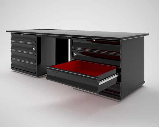 Black Art Deco desk with red drawers, design, high end, high gloss, office furniture, living room, interior design, chrome bars,