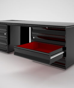 Black Art Deco desk with red drawers, design, high end, high gloss, office furniture, living room, interior design, chrome bars,