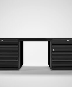 Black Art Deco desk with red drawers, design, high end, high gloss, office furniture, living room, interior design, chrome bars,