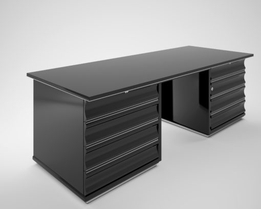 Black Art Deco desk with red drawers, design, high end, high gloss, office furniture, living room, interior design, chrome bars,