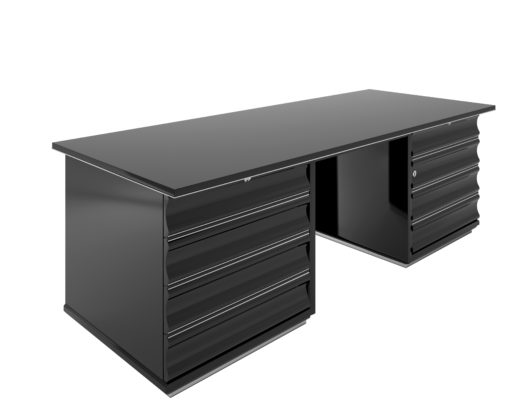 Black Art Deco desk with red drawers, design, high end, high gloss, office furniture, living room, interior design, chrome bars,