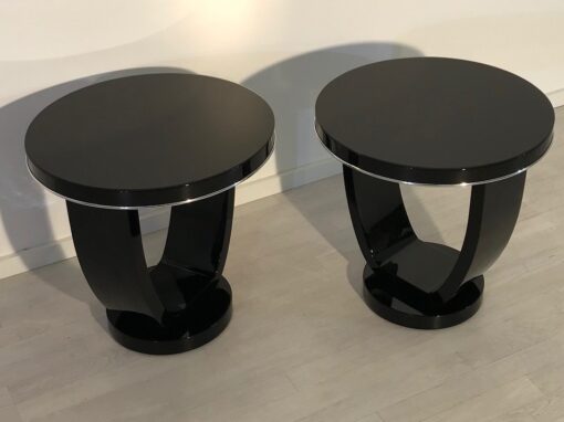 Black Side Tables Art Deco, Pianolacquer, Design, Interiordesign, Home Decoration, Pair, Luxuiorus, Decor, Pair, Chrome bars