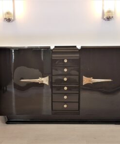 Black Art Deco Sideboard with serpentine doors, piano lacquer, original, antique, lacquer, polished, interior design, french, masterpiece, 1920s,