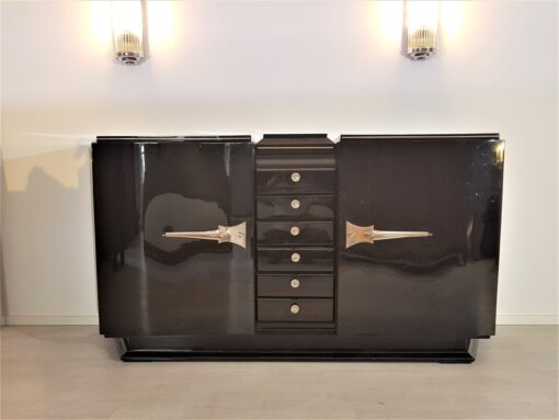 Black Art Deco Sideboard with serpentine doors, piano lacquer, original, antique, lacquer, polished, interior design, french, masterpiece, 1920s,