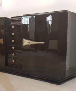 Black Art Deco Sideboard with serpentine doors, piano lacquer, original, antique, lacquer, polished, interior design, french, masterpiece, 1920s,