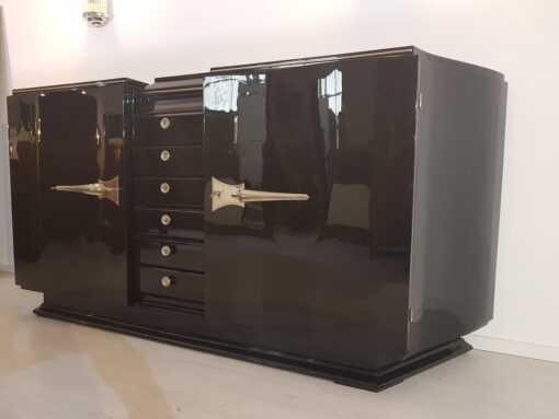 Black Art Deco Sideboard with serpentine doors, piano lacquer, original, antique, lacquer, polished, interior design, french, masterpiece, 1920s,