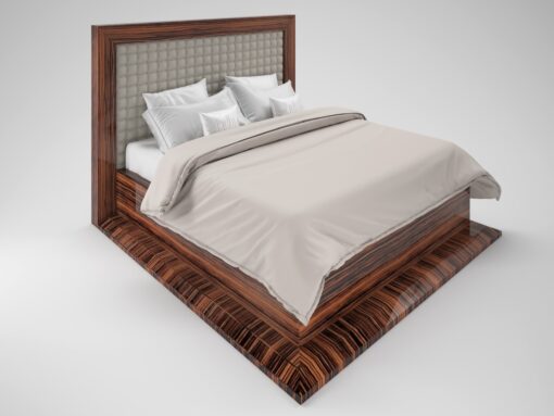 Art Deco desin macassar bed, bedframe, bedroom furniture, interior design, wood, leather, stiching, buttons, luxurious design,