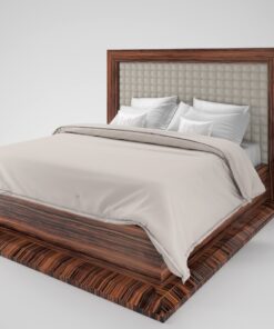 Art Deco desin macassar bed, bedframe, bedroom furniture, interior design, wood, leather, stiching, buttons, luxurious design,