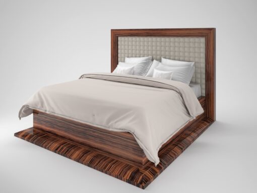 Art Deco desin macassar bed, bedframe, bedroom furniture, interior design, wood, leather, stiching, buttons, luxurious design,