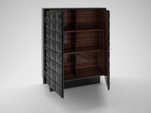 diamond pattern black lacquer cabinet, check pattern, macassar, veneer, high gloss, finish, piano lacquer, design, interior design, storage, unique