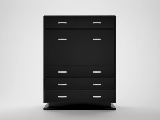 modern black lacquer secretary, bureau, high end, high gloss finish, drawers, chrome details, handles, macassar veneered interior, interior design