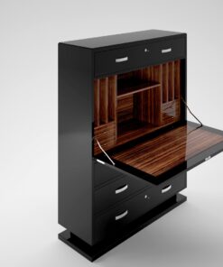 modern black lacquer secretary, bureau, high end, high gloss finish, drawers, chrome details, handles, macassar veneered interior, interior design