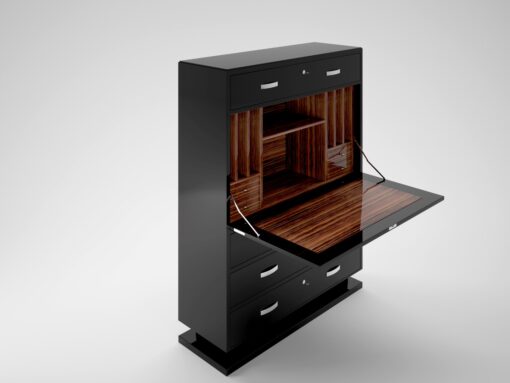 modern black lacquer secretary, bureau, high end, high gloss finish, drawers, chrome details, handles, macassar veneered interior, interior design