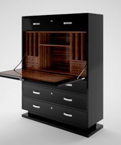 modern black lacquer secretary, bureau, high end, high gloss finish, drawers, chrome details, handles, macassar veneered interior, interior design