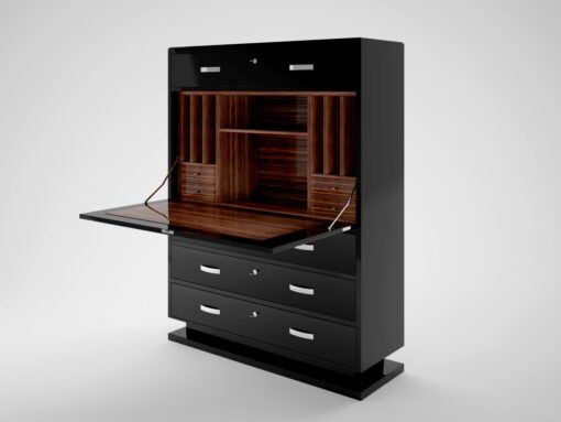 modern black lacquer secretary, bureau, high end, high gloss finish, drawers, chrome details, handles, macassar veneered interior, interior design