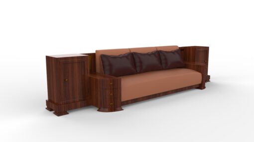 large walnut art deco sofa, grain, wood, design, antiques, original, french, luxurious woods, leather, customizable, drawers, cabinets, living room, handles, interior design