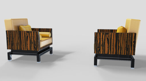 pair of Art Deco Design Armchairs, original, antique, design, interior design, macassar, fabric, gold, chrome details, piano lacquer, interior, home decoration, ebony, luxurious